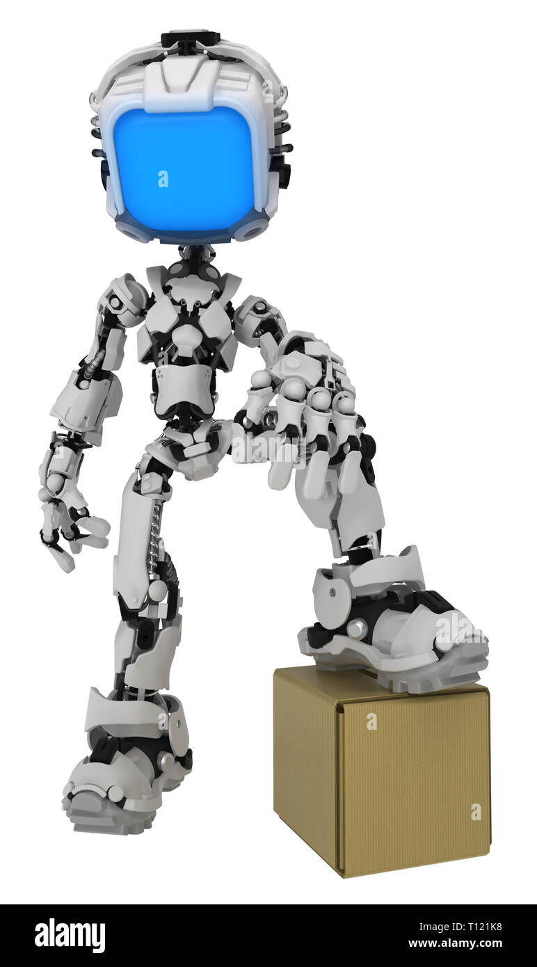 Bildschirm Roboter Abbildung Charakter darstellen mit Karton Lieferung Box, 3 Abbildung d, Vertikal, isoliert Stockfoto