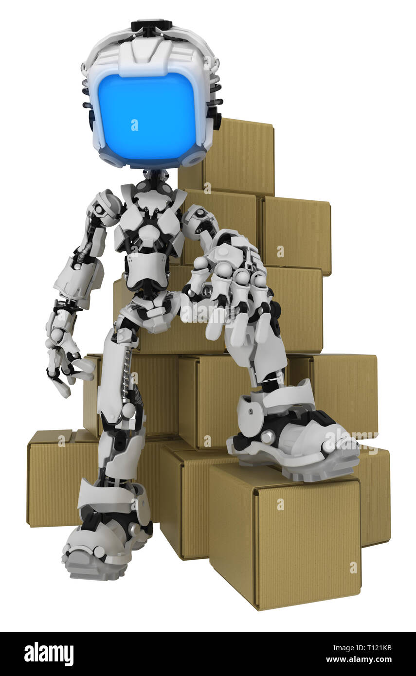 Bildschirm Roboter Abbildung Charakter darstellen mit Karton Lieferung Boxen, 3 Abbildung d, Vertikal, isoliert Stockfoto