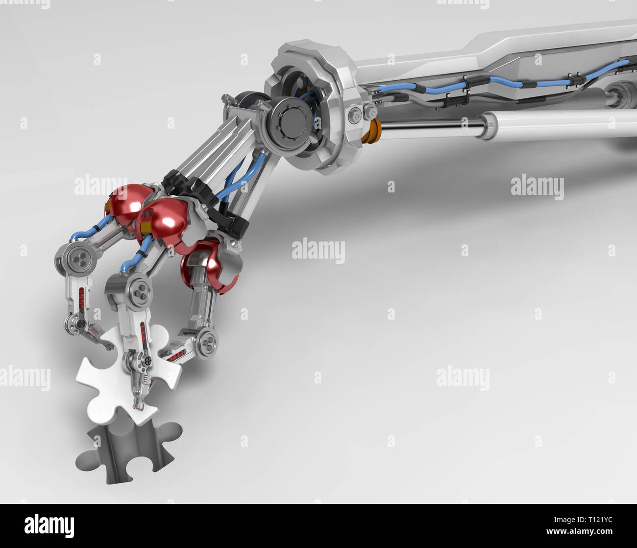 Roboterarm mit drei Fingern, wobei Puzzle Stück, 3D-Darstellung, horizontal, über Weiß Stockfoto