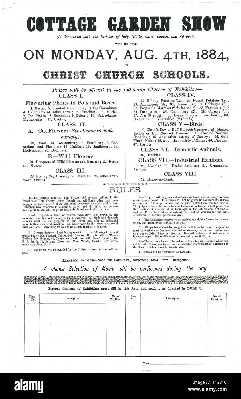 Plakat für Cottage Garden Show in Christus Kirche Schulen am Montag, den 4. August 1884 Stockfoto