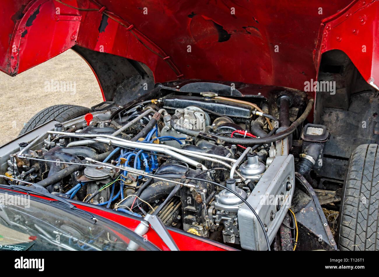 Motor der V12 E-Type Jaguar. Stockfoto