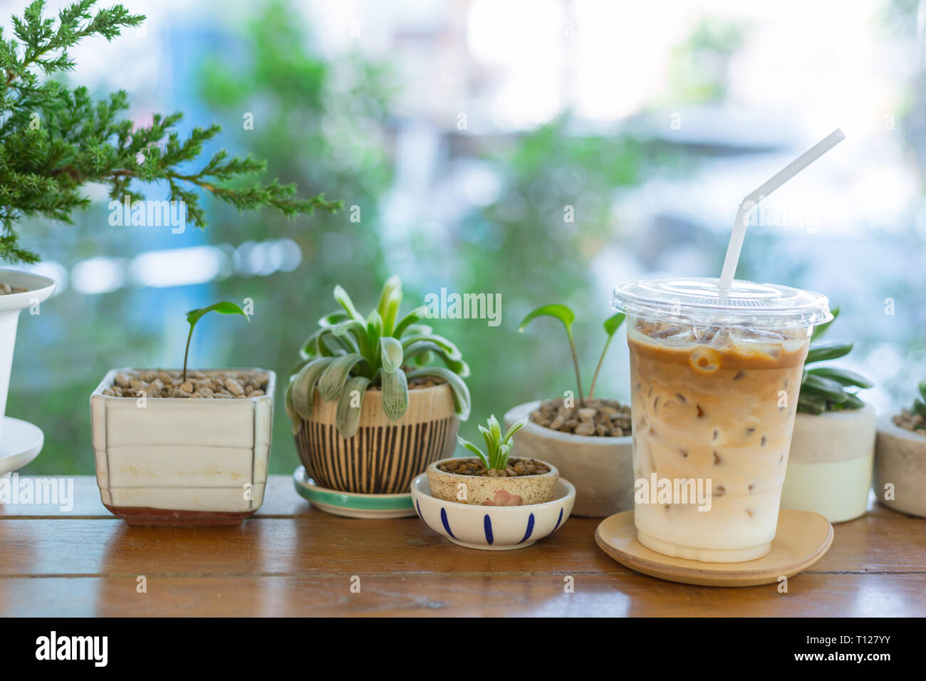 Ice latte Kaffee mit grün Natur auf hölzernen Tisch in Garden Cafe. Stockfoto