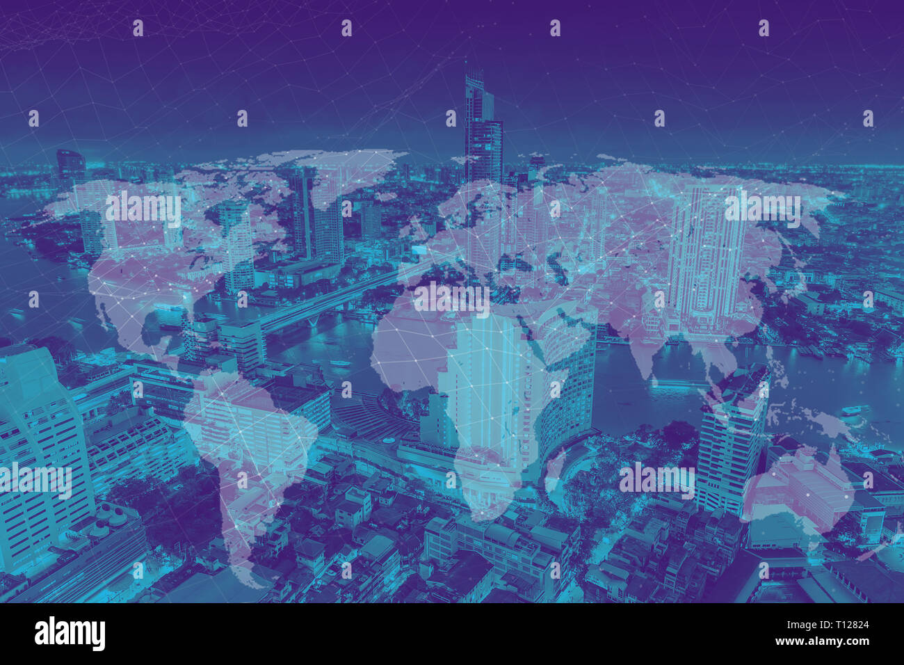 Weltkarte mit u Gebäude Hintergrund für geschäftliche Zukunft Verbindung Konzept. Stockfoto