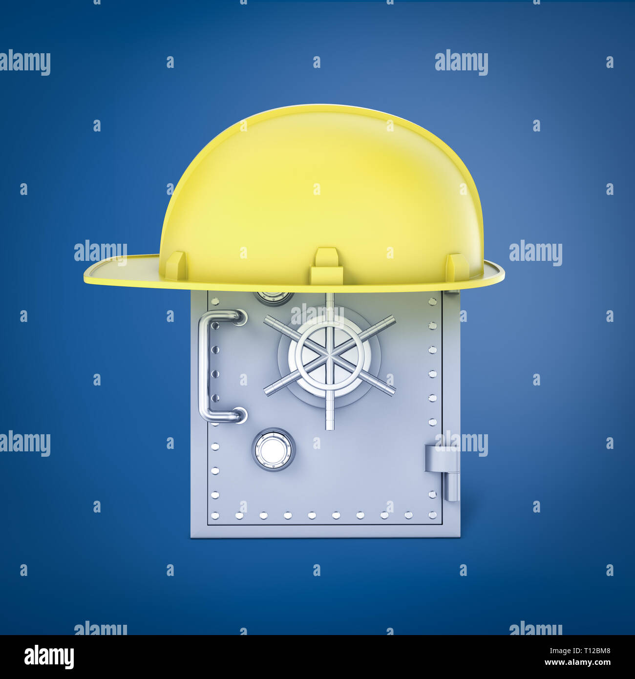 3D-Rendering von Geld sicher mit grossen gelben Helm auf. Stockfoto