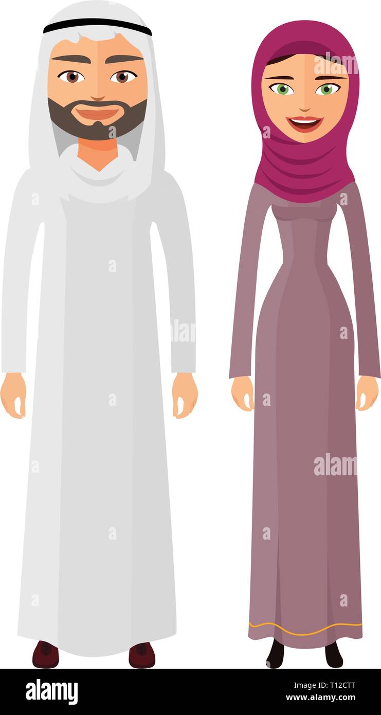 Arabische Paar Mann und Frau zusammen in traditionelle nationale Kleidung Kleid Kostüm Vektor glücklich isoliert Stock Vektor