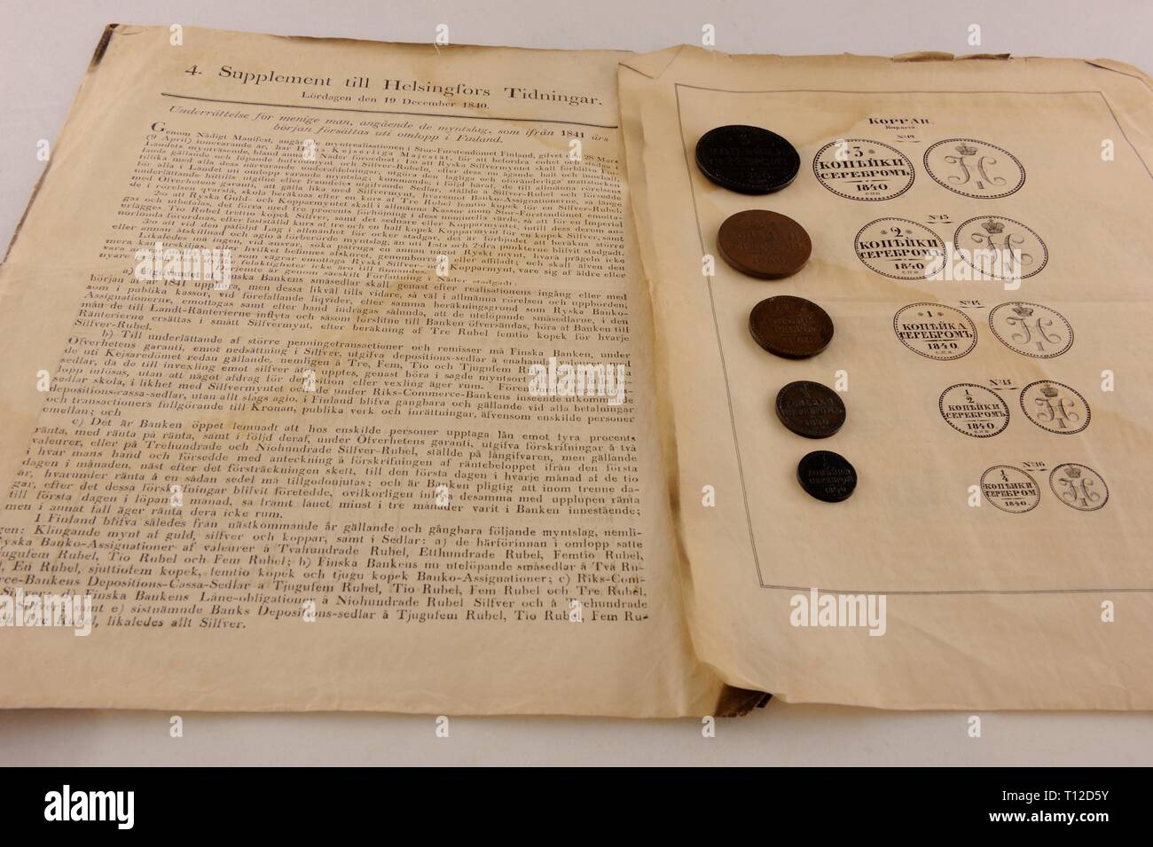 Im Großherzogtum Finnland der schwedischen Münzen und Banknoten wurden an die Russische Münzen und Banknoten, die in der Anfang des Jahres 1841 geändert. Th Stockfoto