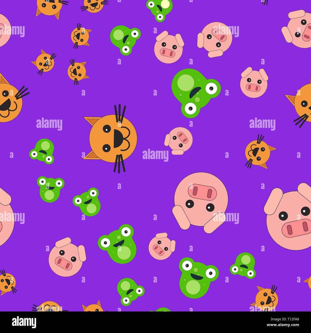 Nahtlose Muster der schweinekopf Katze und Frosch. Vector Illustration im Cartoon Stil auf einem farbigen Hintergrund. Stock Vektor