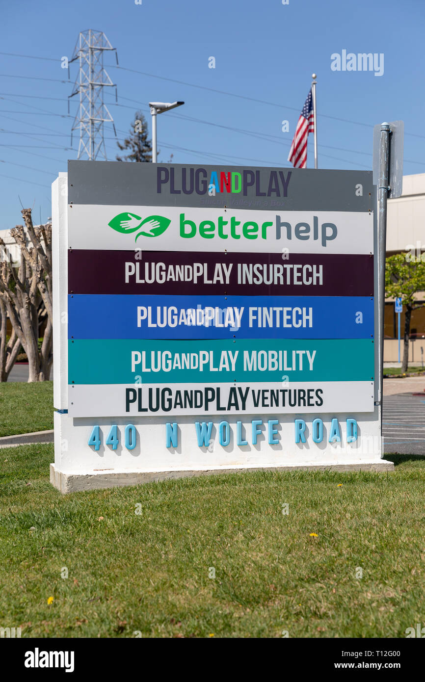 Plug-and-Play-Tech Center, Zeichen, 440 North Wolfe Road, Sunnyvale, Kalifornien, USA Stockfoto