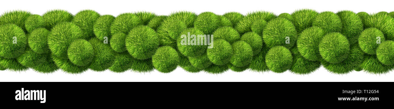 Abstrakte gras Dekoration horizontale banner Grenze mit Frühling Jahreszeit dekoriert bunte Kugel geformt Pflanzen als 3D-Illustration isoliert. Stockfoto