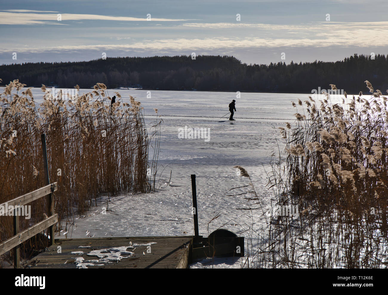 Fernverkehr ice Skater auf dem zugefrorenen See Malaren, Schweden, Skandinavien Stockfoto