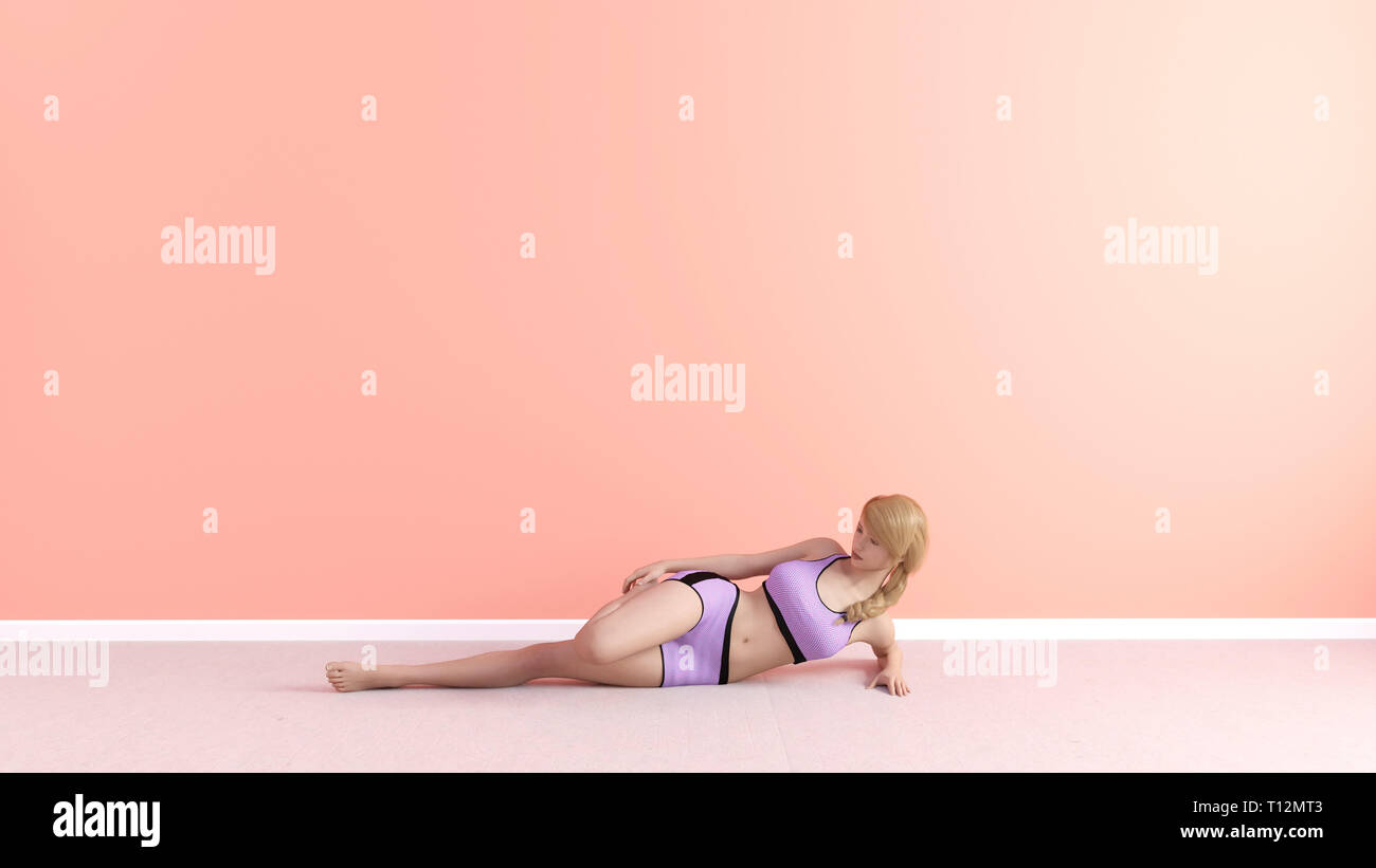 Quadricep Oberschenkel Stretch Yoga Pose weiblich Frau Demonstration Konzept Stockfoto