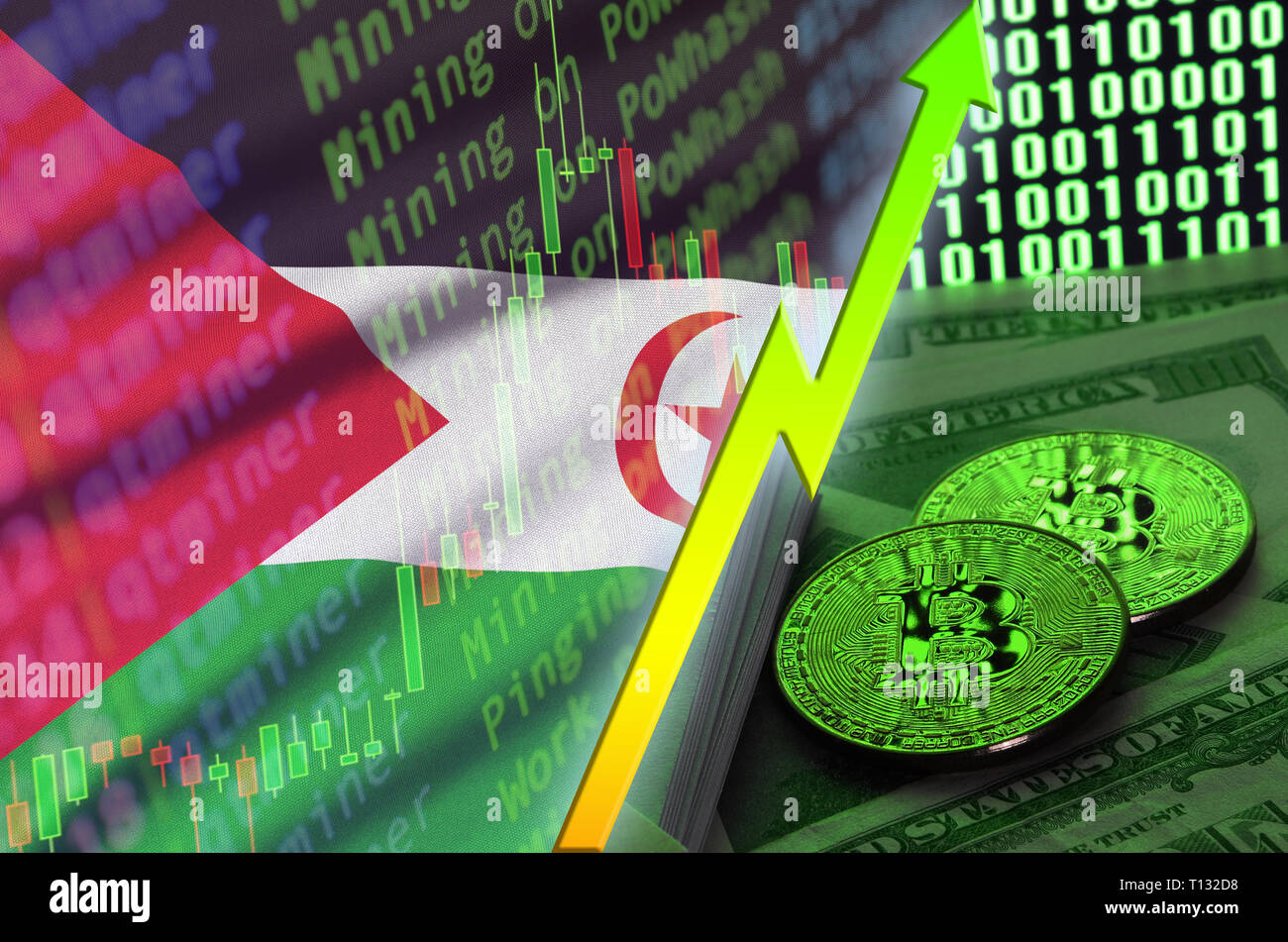 Westsahara Flagge und cryptocurrency Trend mit zwei Bitcoins auf Dollarscheine und binären Code wird angezeigt. Konzept des Anhebens Bitcoin im Preis ein Stockfoto
