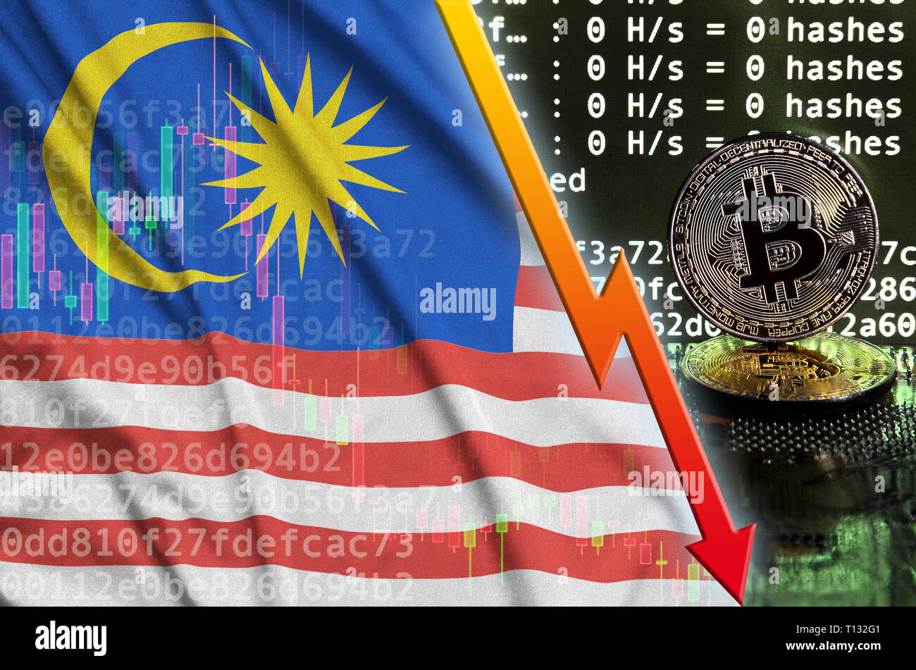 Malaysia Fahne Und Der Rote Pfeil Auf Bitcoin Bergbau Und Zwei - 