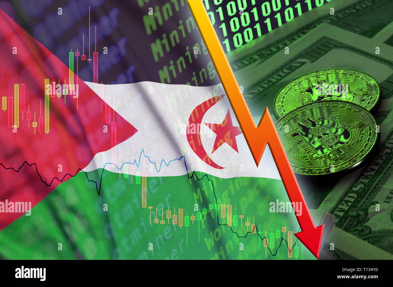 Westsahara Flagge und cryptocurrency rückläufige Trend mit zwei Bitcoins auf Dollarscheine und binären Code wird angezeigt. Konzept der Reduzierung Bitcoin im Preis Stockfoto