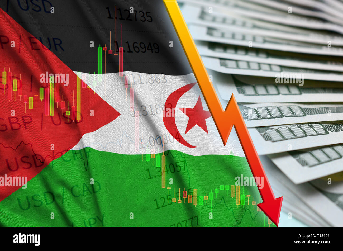 Westsahara Flagge und Chart fallenden US-Dollar mit einem Fan von Dollarnoten. Konzept der Abschreibungen Wert der US-Währung Stockfoto