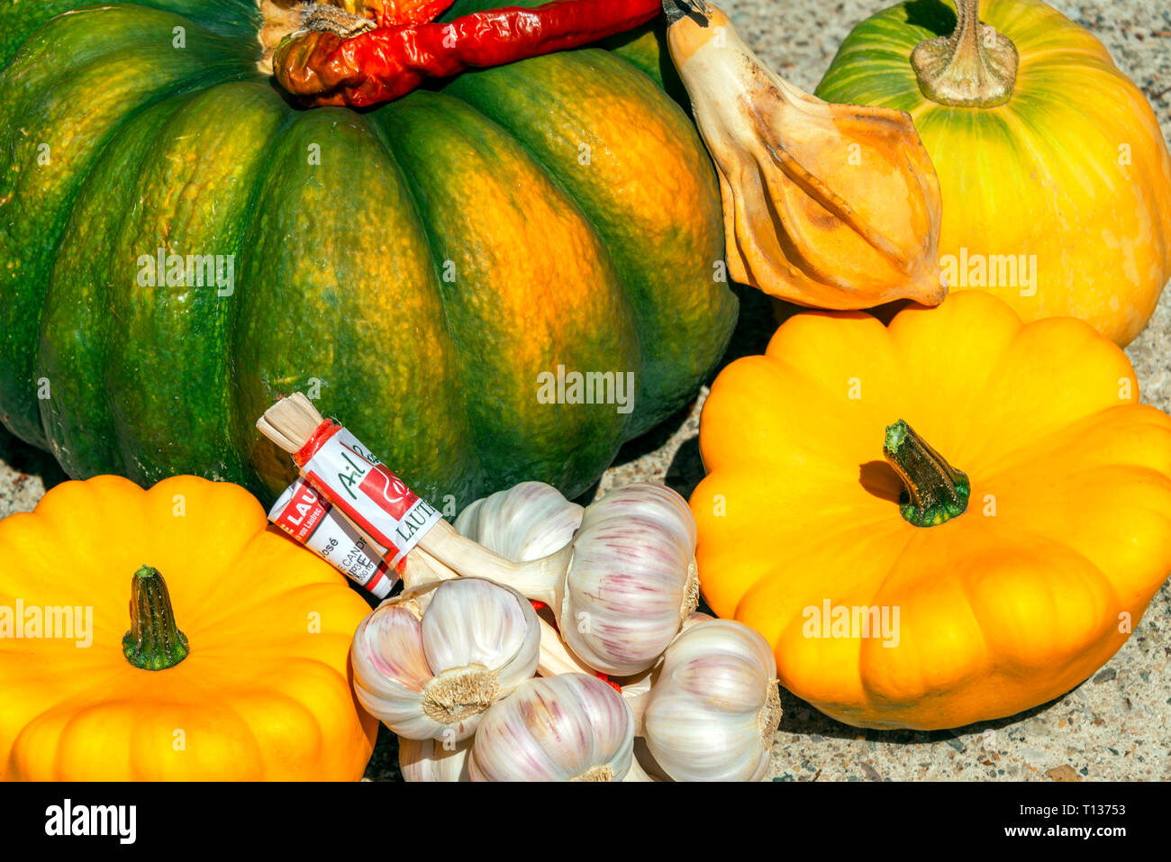 In der Nähe von einigen französischen Land produzieren, Kürbis, Knoblauch und pattypan Squash. Stockfoto