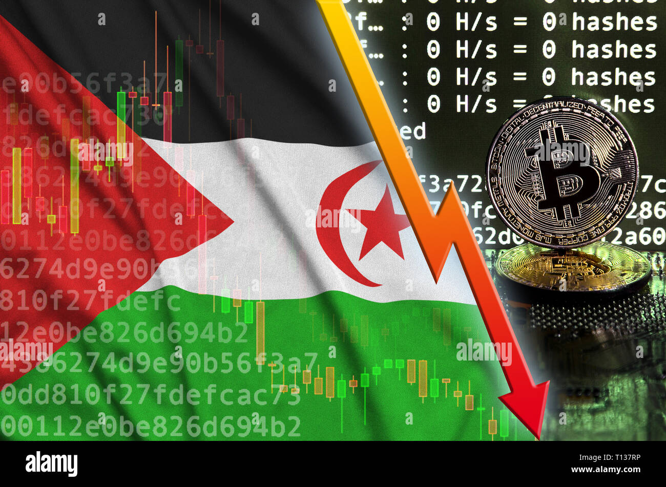 Westsahara Flagge und der rote Pfeil auf bitcoin Bergbau und zwei physischen golden Bitcoins. Konzept der niedrigen Umwandlung in cryptocurrency Minin Stockfoto