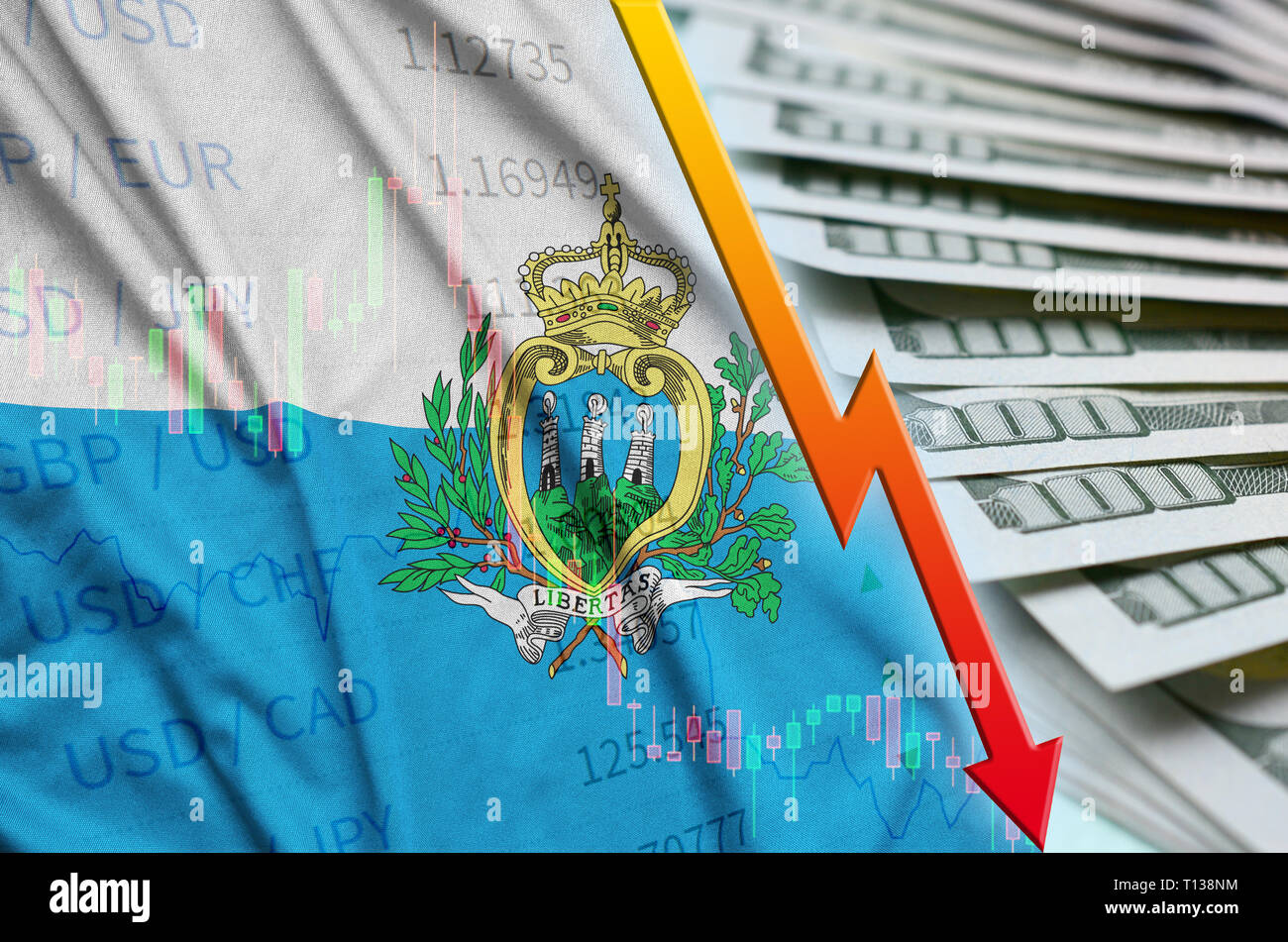 San Marino Fahne und Chart fallenden US-Dollar mit einem Fan von Dollarnoten. Konzept der Abschreibungen Wert der US-Währung Stockfoto