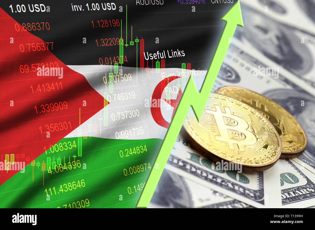 Westsahara Flagge und cryptocurrency Trend mit zwei Bitcoins auf dollarscheine. Konzept des Anhebens Bitcoin im Preis gegenüber dem Dollar Stockfoto