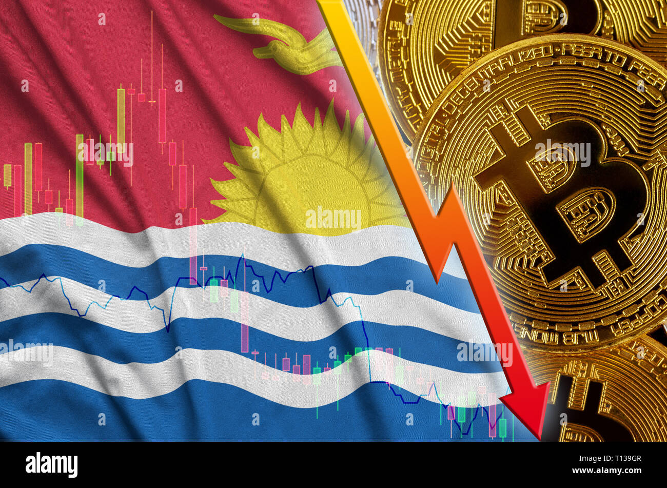 Kiribati Flagge und cryptocurrency rückläufige Trend mit vielen goldenen Bitcoins. Konzept der Reduzierung Bitcoin im Preis oder schlechte Umwandlung in cryptocurrency mi Stockfoto