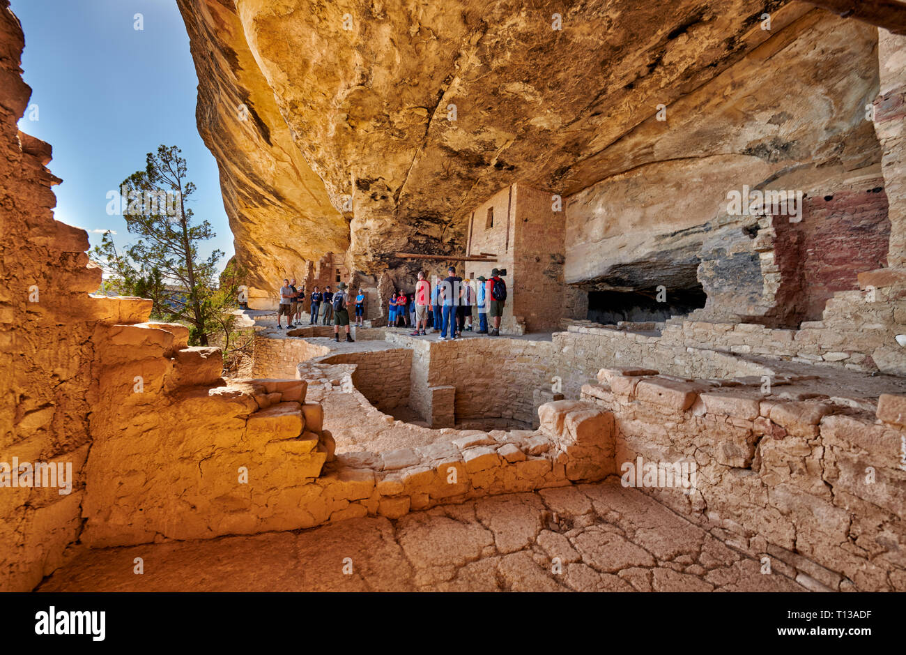 Touristen in Balkon House, Cliff dwellings in Mesa-Verde-Nationalpark, UNESCO-Weltkulturerbe, Colorado, USA, Nordamerika Stockfoto