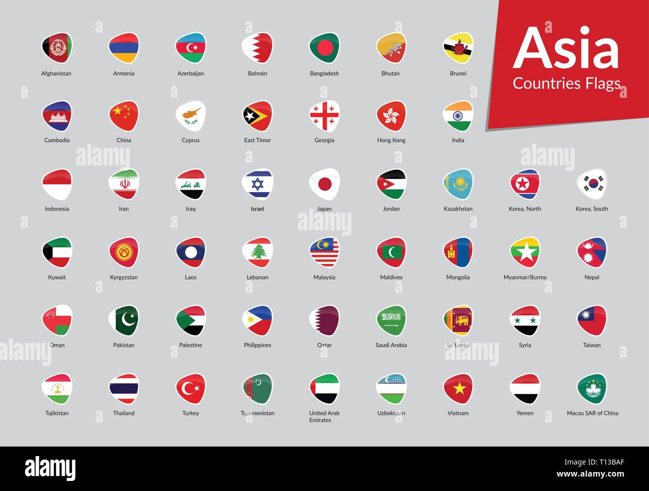 Asiatische Kontinent Länder Flaggen vektor Icon Sammlung Stock Vektor
