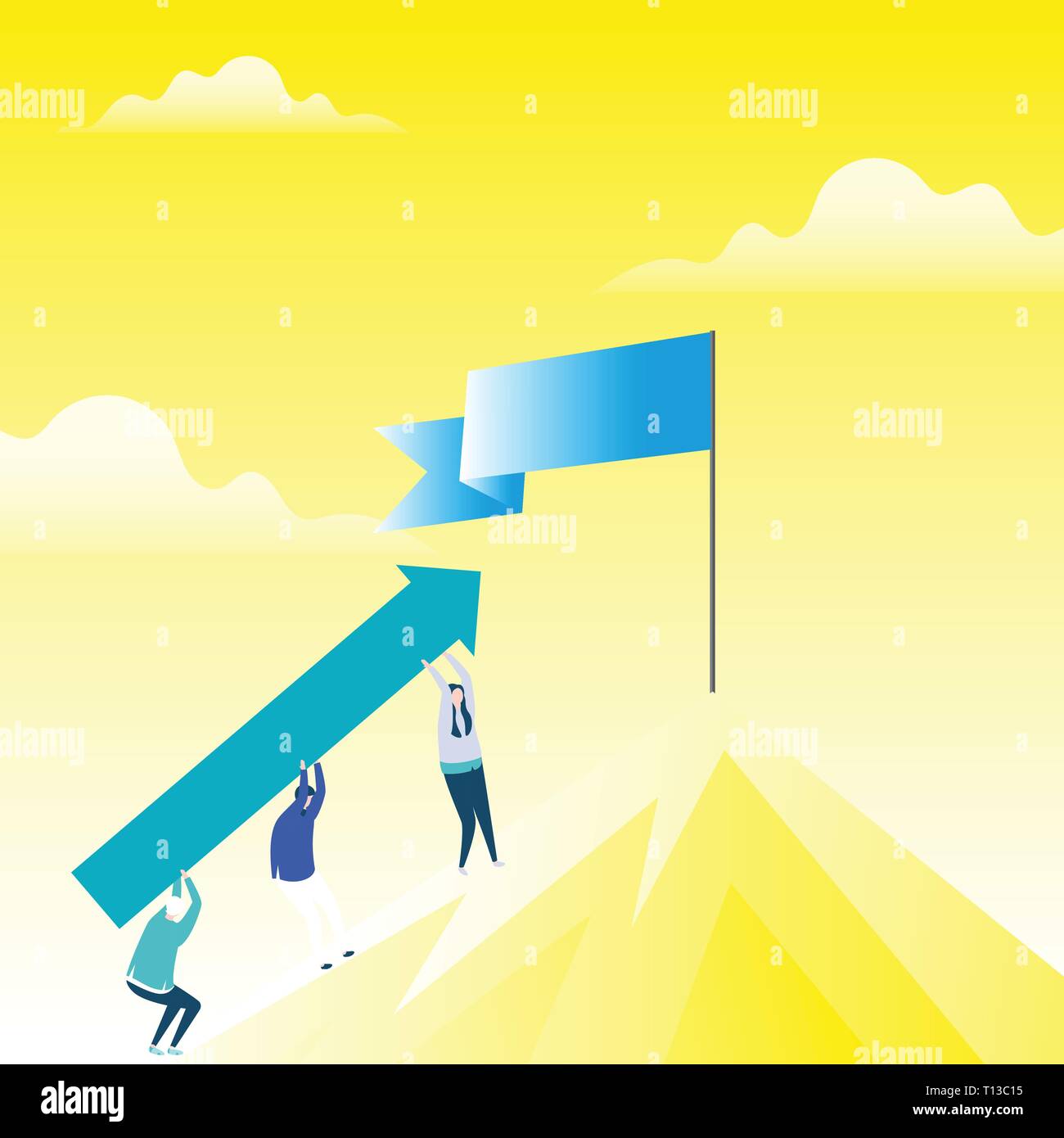 Menschen die Pfeiltasten gehen den Berg hinauf. Blank Banner auf der Pole an der Spitze Design Business leere Raum Text für Anzeige Web site Förderung isolierte B Stock Vektor