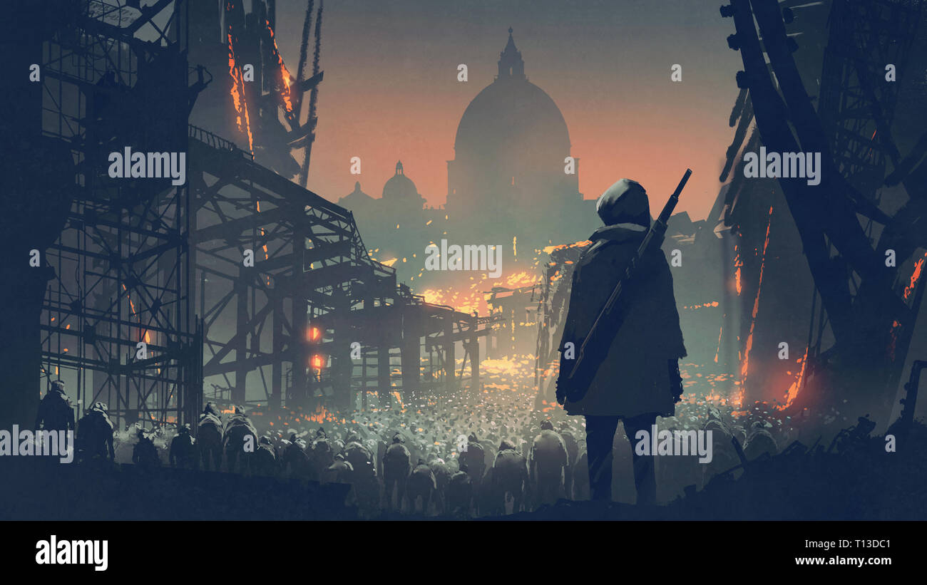Junger Mann mit Pistole auf Masse von Menschen in apokalyptischen Stadt, digital art Stil, Illustration Malerei Stockfoto