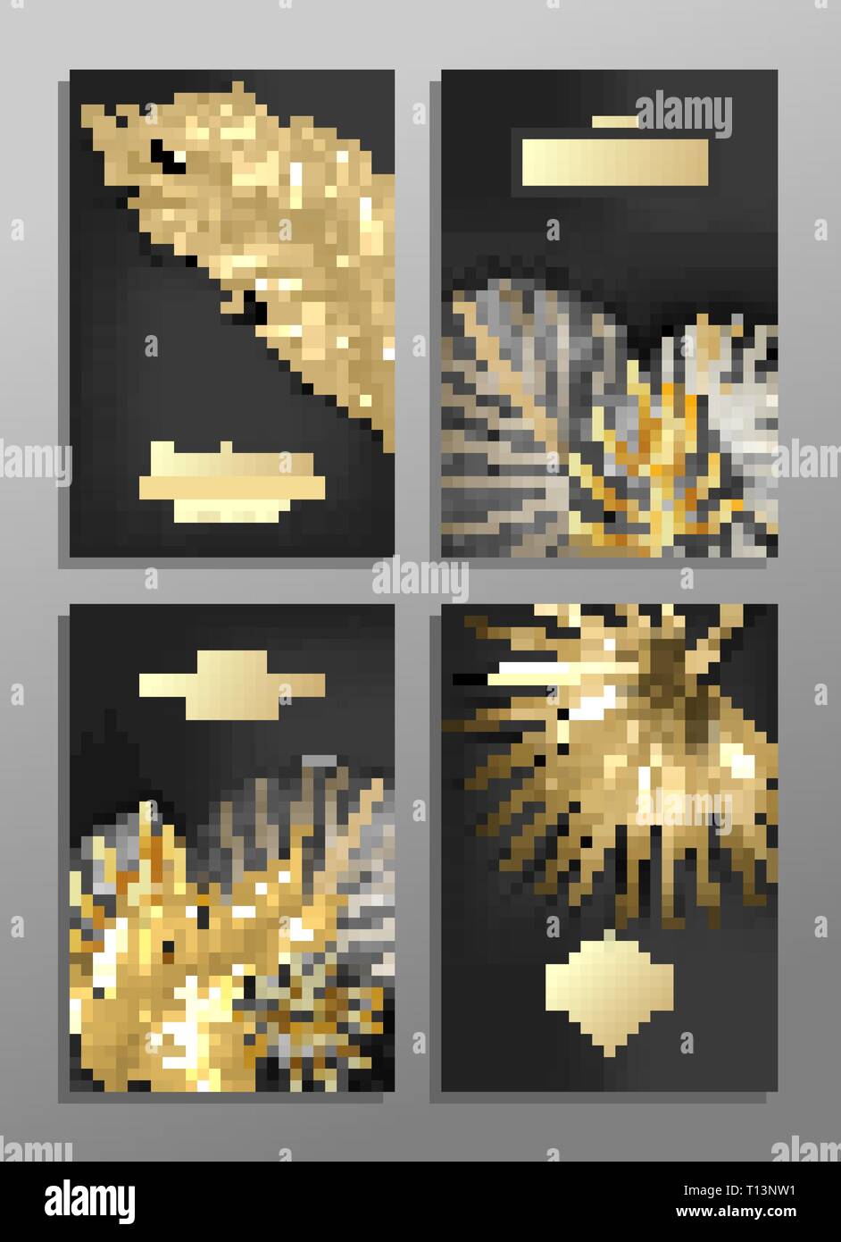 Set mit 4 eleganten Broschüre, Karte, Hintergrund, abdecken. Schwarze und goldene Marmor Textur. Geometrischen Rahmen. Palm, exotische Blätter. Stock Vektor