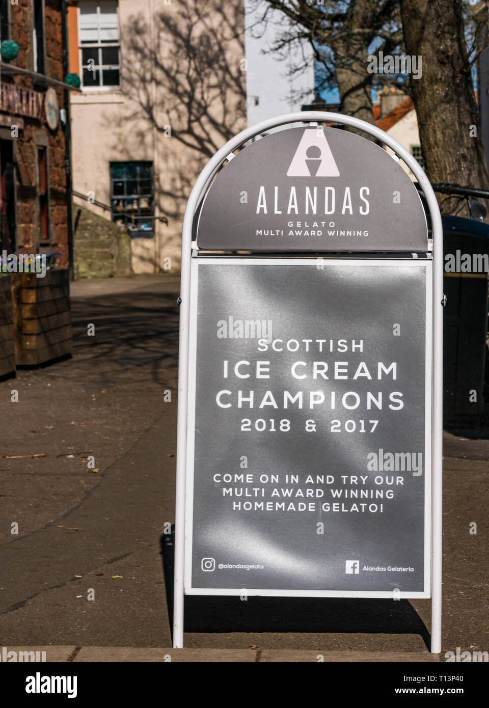 Alandas preisgekrönte Eis Gelateria, North Berwick, East Lothian, Schottland, Großbritannien Stockfoto