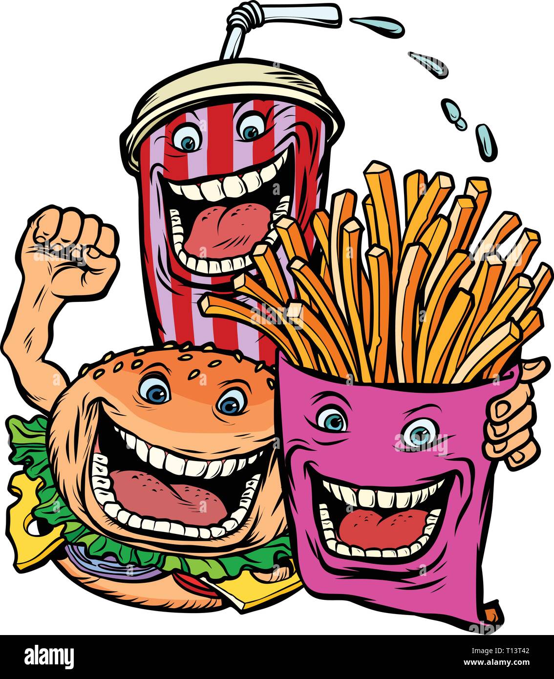 Burger Cola trinken Pommes frites Kartoffeln. Fast food Zeichen Freunde Mittagessen Stock Vektor