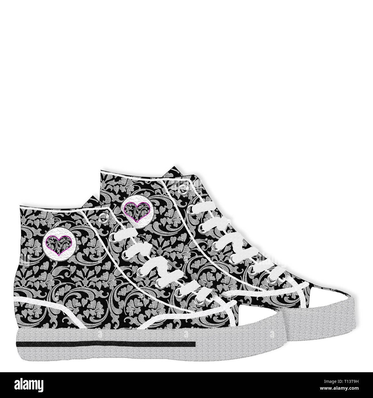 Paar designer Grafik Sneaker mit schwarz/grau/weiß Swirl/florale Designs. Auf weißem Hintergrund, ein Bild grauen Rahmen wurde isoliert. Stockfoto