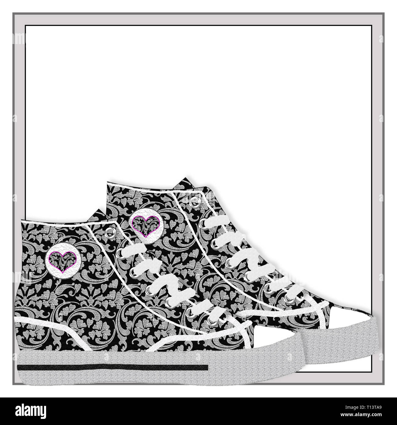 Paar designer Grafik Sneaker mit schwarz/grau/weiß Swirl/florale Designs. Auf weißem Hintergrund, ein Bild grauen Rahmen wurde isoliert. Stockfoto
