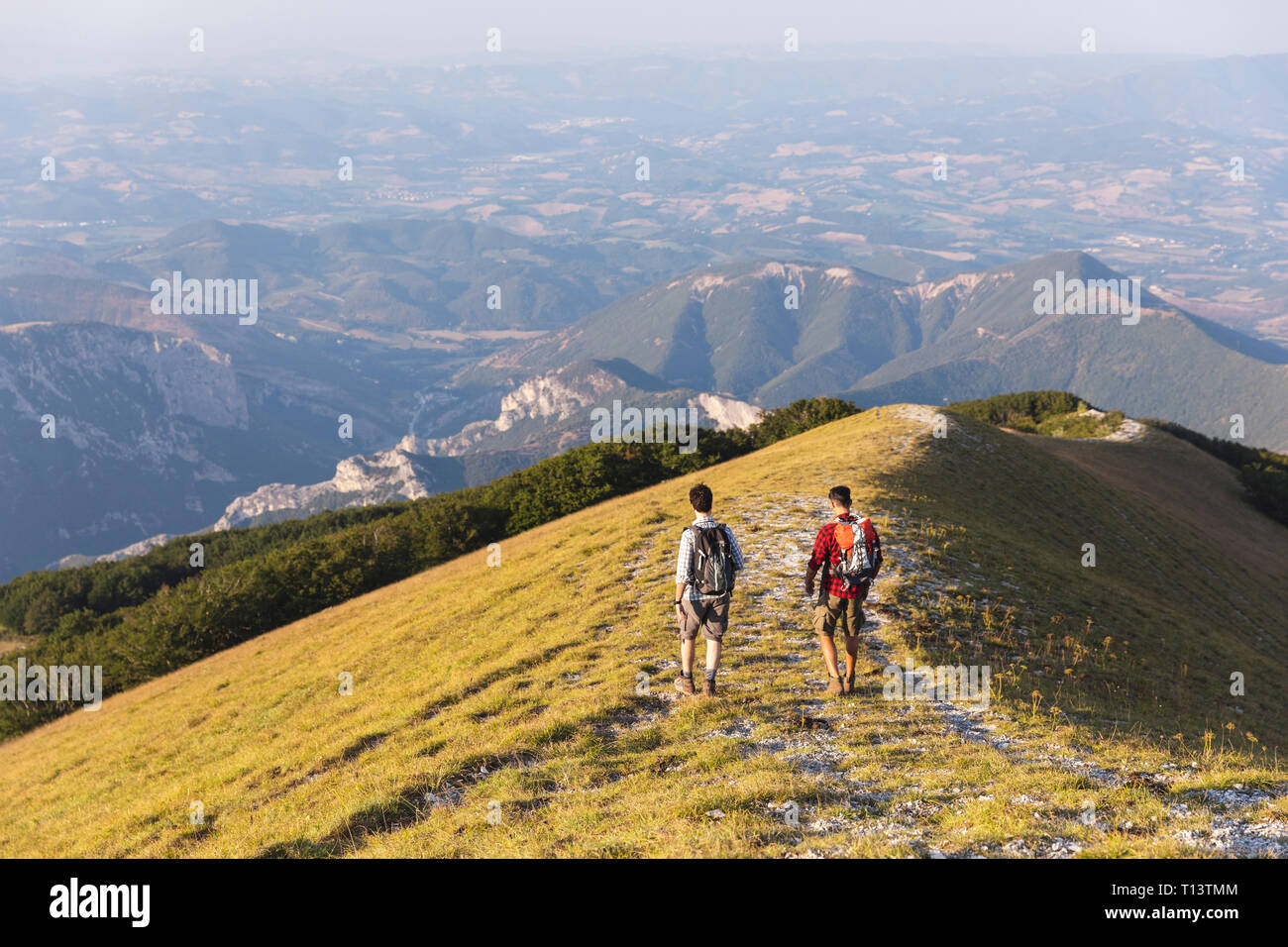 Italien, Monte Nerone, zwei Männer wandern auf einem Berg im Sommer Stockfoto