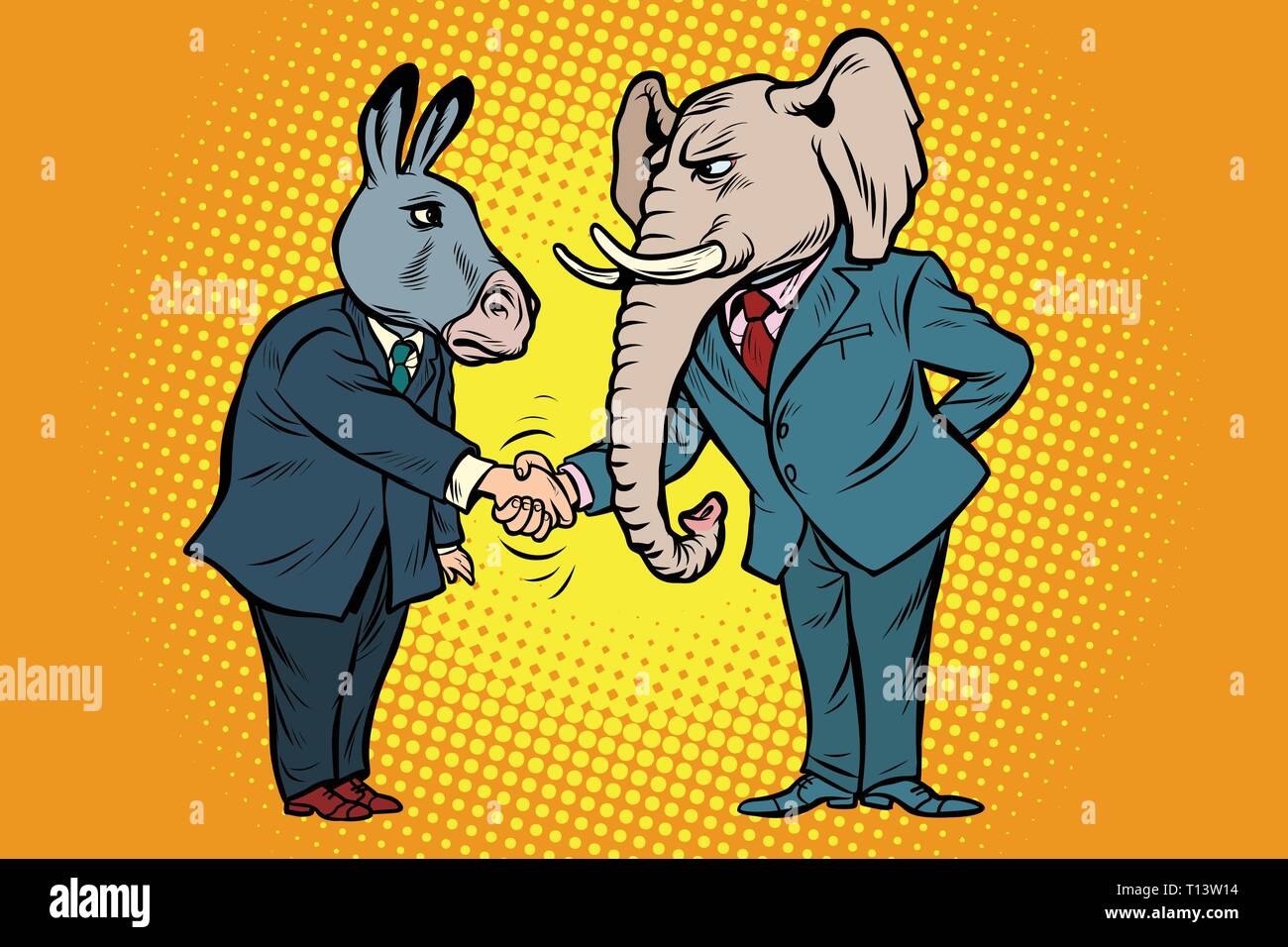 Esel shakes Elefant Hand. Demokraten Republikaner Stock Vektor