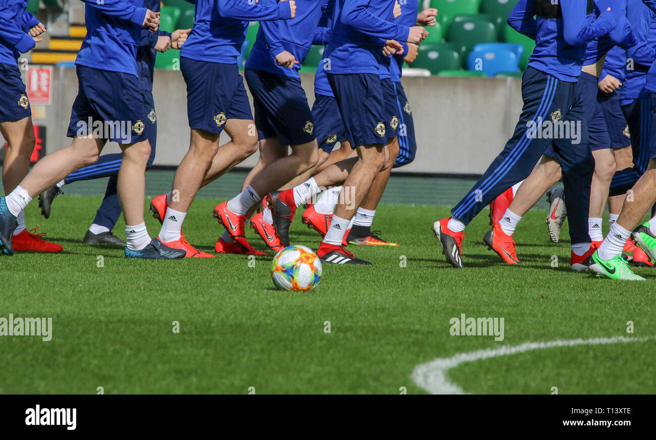 Windsor Park, Belfast, Nordirland. 23. März 2019. Nordirland Ausbildung in Belfast heute Morgen vor ihren UEFA EM-Qualifikationsspiel 2020 gegen Weißrussland morgen Abend im Stadion. Quelle: David Hunter/Alamy Leben Nachrichten. Stockfoto