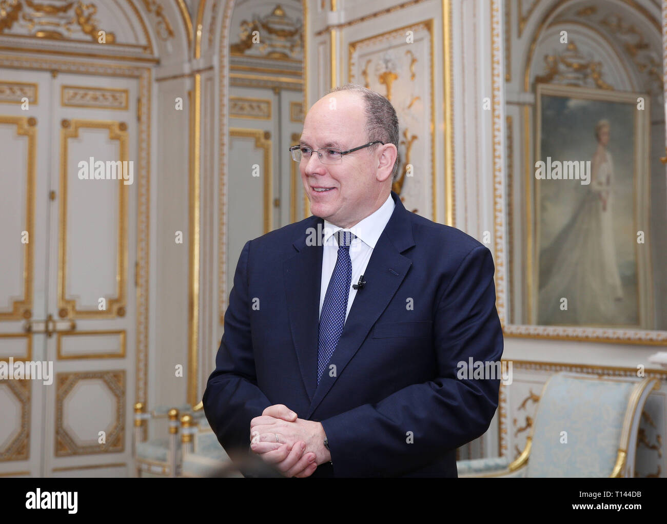 (190323) - Monaco, 23. März 2019 (Xinhua) - Fürst Albert II. von Monaco erhält ein Interview mit Xinhua in Monaco, 15. März 2019. (Mit Interview: Fürst Albert II. sagt zuversichtlich in mehr harmonische Entwicklung des Monaco-China Krawatten, am 23. März 2019 freigegeben) (Xinhua/Gao Jing) Stockfoto