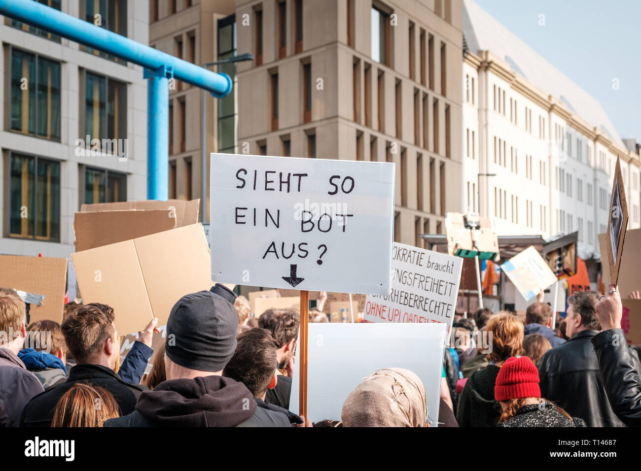 Berlin, Deutschland - 23 März 2019: Demonstration gegen EU-Urheberrecht Reform/Artikel 11 und Artikel 13 in Berlin, Deutschland. Stockfoto