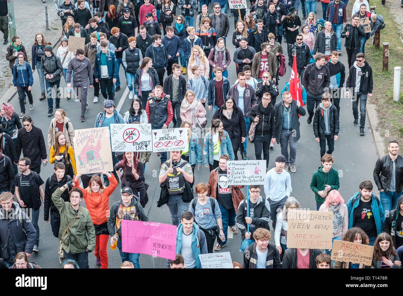 Berlin, Deutschland - 23 März 2019: Demonstration gegen EU-Urheberrecht Reform/Artikel 11 und Artikel 13 in Berlin, Deutschland. Stockfoto