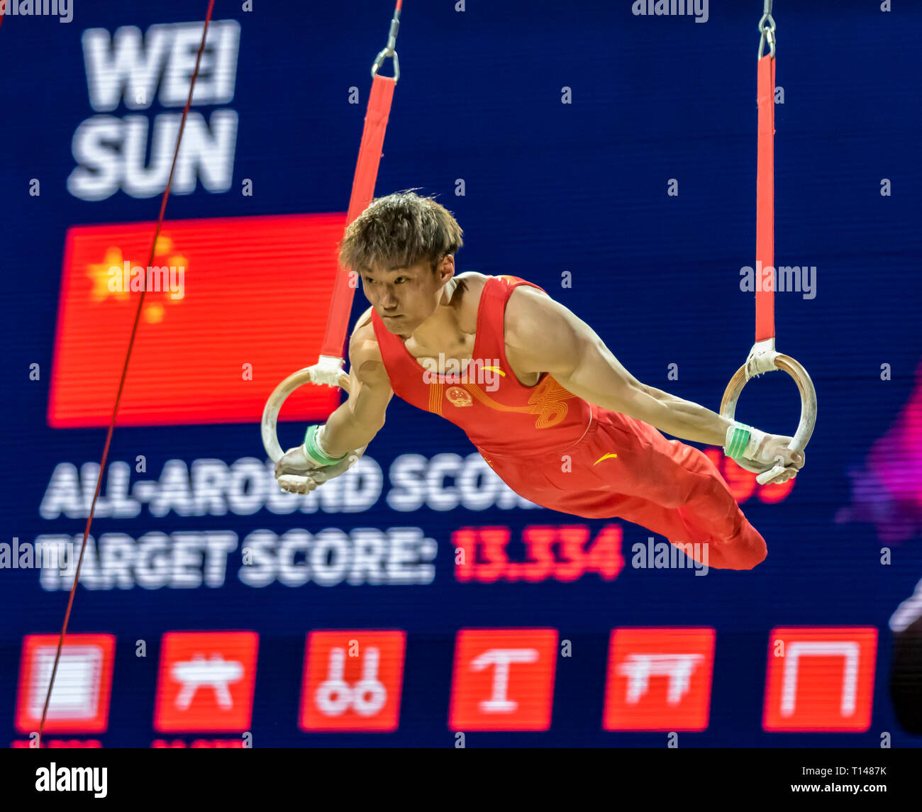 Resorts World Arena, Birmingham, Großbritannien. 23 Mär, 2019. Gymnastik Wm; Wei Sun (CHN) konkurriert im Noch Ringe während der 2019 Turnen Wm Birmingham Credit: Aktion plus Sport/Alamy leben Nachrichten Stockfoto