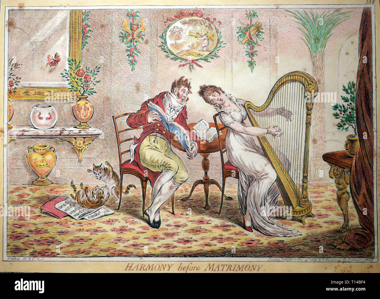 Harmonie, bevor die Ehe von James Gillray Ursprünglich publiziert 1805. Ein paar Illustrationen persiflieren die Art und Weise, wie junge Mädchen Musik, Französisch gelehrt wurden und zeichnen ein Mann zu gewinnen, und wie schlecht geeignet, wie der Unterricht war zu der Wirklichkeit der Ehe. (Siehe Begleiter Stück T14 BF 5) Stockfoto