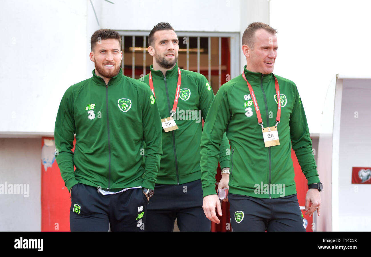 Republik Irland Matthew Doherty, Shane Duffy und Glenn Whelan auf dem Platz vor der UEFA Euro 2020 Qualifikation, Gruppe D Match im Victoria Stadion, Gibraltar. Stockfoto