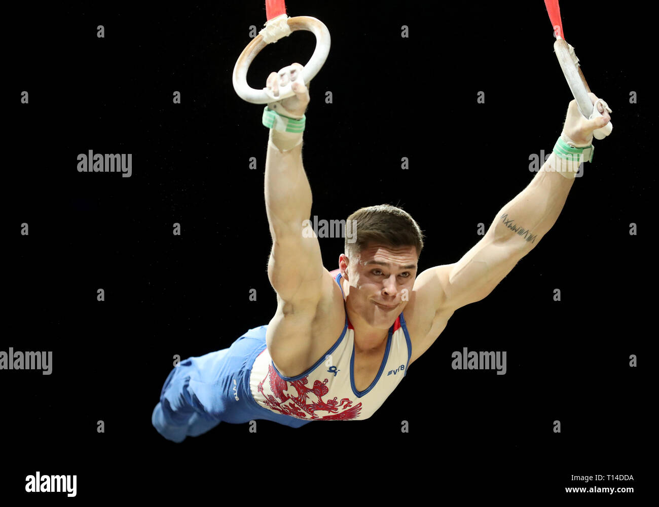Russlands Nikita Nagornyy in Aktion auf der Ringe während der Gymnastik Wm in den Resorts World Arena, Birmingham. Stockfoto