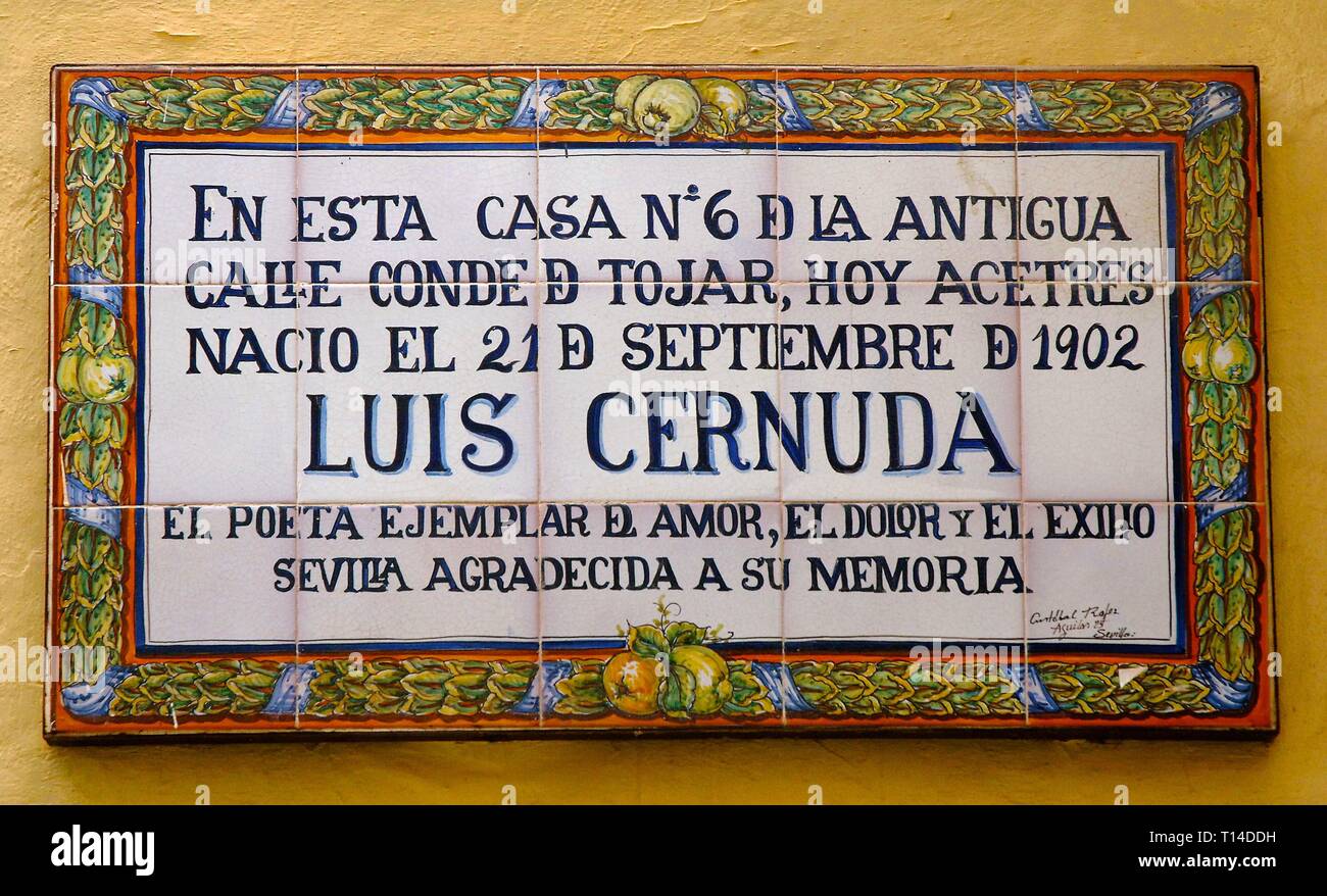 Geburtsort des Dichters Luis Cernuda, Sevilla, Andalusien, Spanien, Europa. Stockfoto