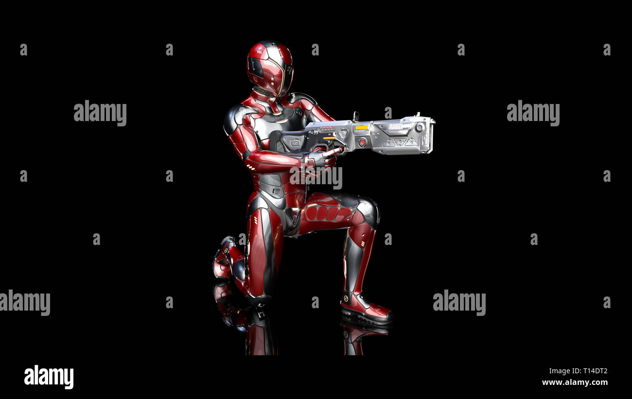 Futuristische android Soldat in bulletproof Rüstung, Militär Cyborg bewaffnet mit sci-fi Gewehr Pistole kniend auf schwarzen Hintergrund, 3D-Rendering Stockfoto