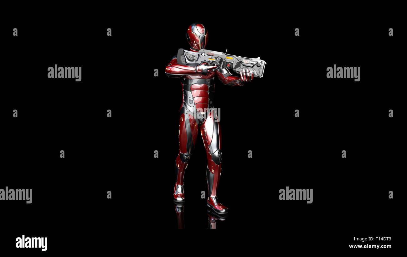 Futuristische android Soldat in bulletproof Rüstung, Militär Cyborg bewaffnet mit sci-fi Gewehr Pistole stehen und Schießen auf schwarzen Hintergrund, 3D-Rendering Stockfoto