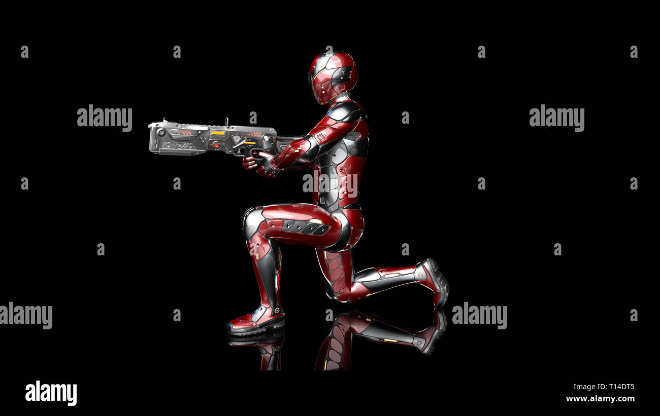 Futuristische android Soldat in bulletproof Rüstung, Militär Cyborg bewaffnet mit sci-fi Gewehr Pistole kniend und Schießen auf schwarzen Hintergrund, 3D-Rendering Stockfoto