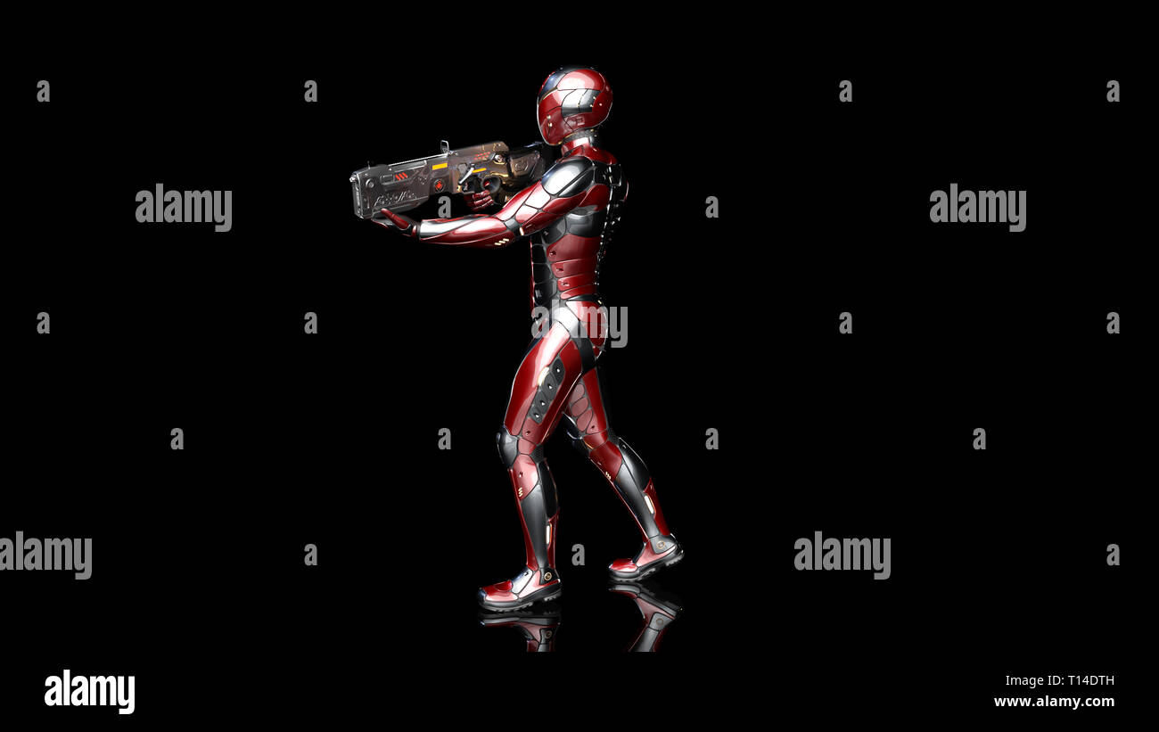 Futuristische android Soldat in bulletproof Rüstung, Militär Cyborg bewaffnet mit sci-fi Gewehr Pistole laufen und schießen auf schwarzen Hintergrund, 3D-Rendering Stockfoto