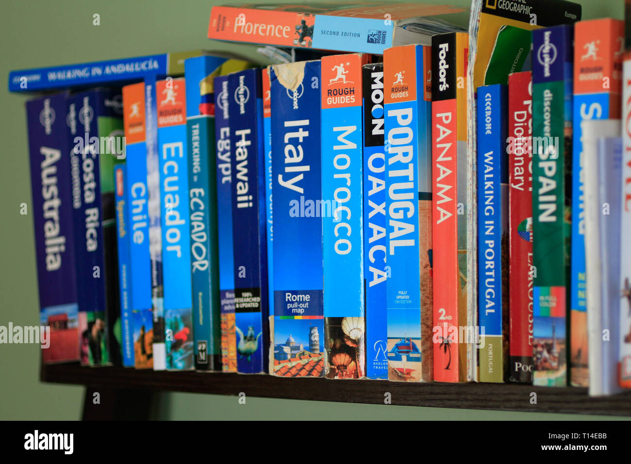Diversen Reiseführern auf einem Bücherregal Stockfoto