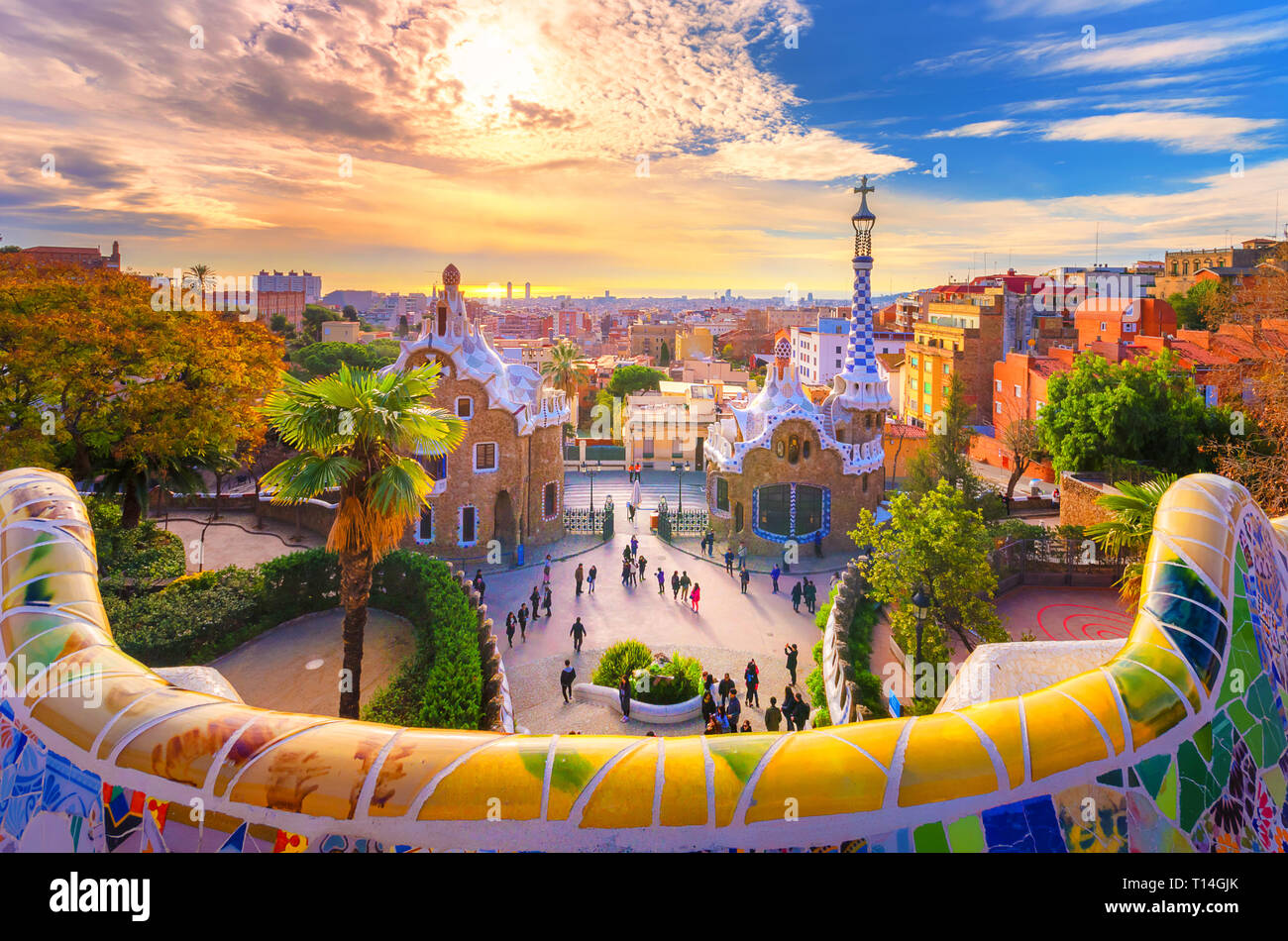 Blick auf die Stadt von Park Güell in Barcelona, Spanien Stockfoto